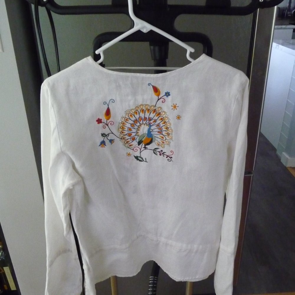 WILLI SMITH  TRENDY BOHEMIAN HIPPIE WHITE LINEN EMBROIDERED BLOUSE SIZE M - Picture 2 of 7